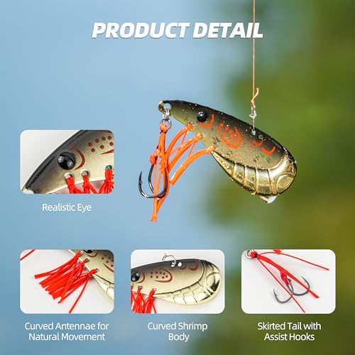 Shrimp Blade Bait – 3pcs Metal Vibe Jigging Lures with Skirted Tail and Assist Hooks, Lifelike Shrimp Design for Saltwater and Freshwater Fishing - size: 1/4oz