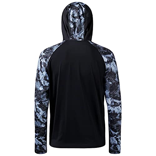 BASSDASH Men’s UPF 50 Performance Fishing Shirt Cooling Hoodie Camo Long Sleeve FS17M - color: Black / Splash Black, size: Medium