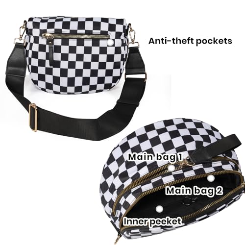 Crossbody Bags for Women, Checkered Bum Bag Crossbody, Spacious Nylon Shoulder Handbag Mom Bag (black-white checkered) - color: black-white checkered