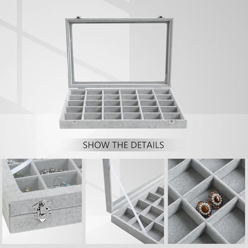 Wudygirl 30 Grid Jewelry Organizer Velvet Jewelry Box Jewelry Tray with Clear Lid Storage Case Showcase Display Stackable Removable (30 Grid) - color: Gray, size: 30 Grid