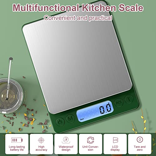 Digital Food Scale for Food Ounces and Grams，YONCON 3000g/0.1gram Accuracy Multifunctional Kitchen Scale for Cooking, Baking | Small Size for Easy Storage | Tare Function - color: Dark Green