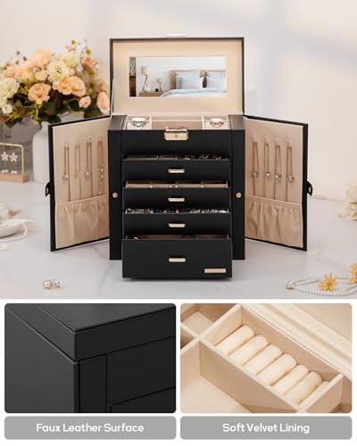Homde Synthetic Leather Huge Jewelry Box Mirrored Watch Organizer Necklace Ring Earring Storage Lockable Gift Case (Black + Gold) - color: Black + Gold