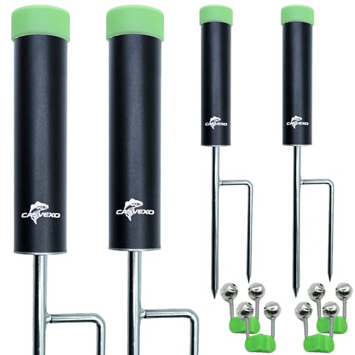 4 Pack Fishing Rod Holder, Aluminum Fishing Pole Holder for Ground, Rod Holders for Bank Fishing, Double Spike Support, 4 Free Alarm Bells