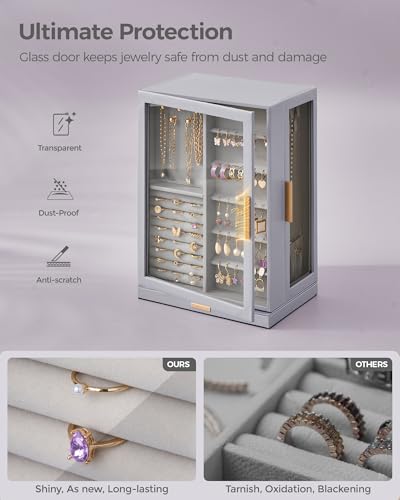 Glimmloop 360° Rotating Jewelry Box with 7 Drawers, Spacious Vertical Jewelry Organizer with Glass Window, Jewelry Storage Case, Dustproof & Moisture-resistant Design, Grey - color: Grey, size: 7 Drawers (6.2"D x 9.2"W x 12.7"H)