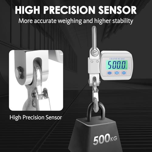 1100lbs 500kg Digital Crane Scale, Heavy Duty Hanging Scale with Backlit LCD, Tare, Unit Change Functions for Industrial Factory, Farm, Construction - color: White
