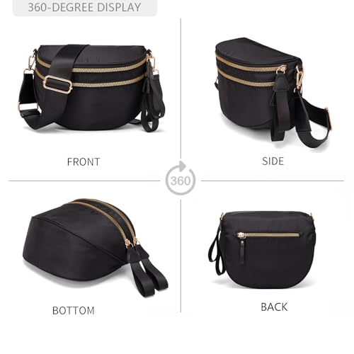 Pure Colour Crossbody Bum Bags for Women Spacious Checkered Cross body Bag Nylon Trendy Fanny Pack for Travel - color: Black