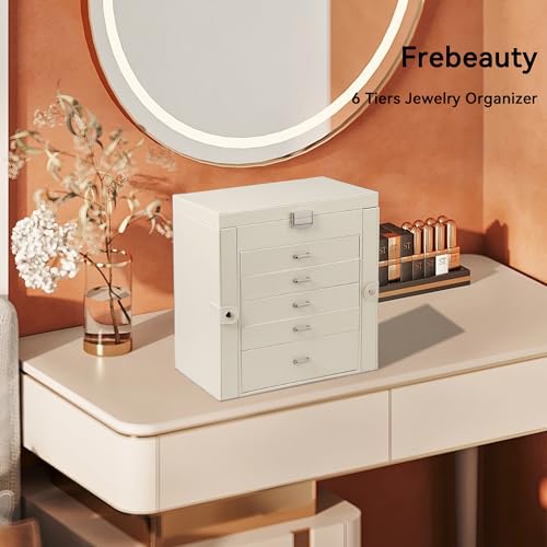 Frebeauty Large Jewelry Box,6-Tier PU Leather Jewelry Organizer,Multi-functional Storage Case with Mirror,Accessories Holder with 5 Drawers for Necklace Bracelets Watches(Pearl White) - color: Pearl White, size: Large
