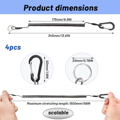 4PCS Retractable Safety Coiled Lanyard, Premium Fishing Lanyard, Stretchy Coiled Lanyards, Fishing Pole Tether, Equipment Tool Tether Leash with Carabiner Clip for Fishing, Pliers, Boating, Outdoors