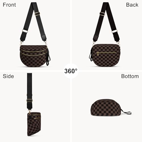 Checkered Nylon Crossbody Bag Bum Bag for Women Mom Large Checkered Fanny Packs with Adjustable Strap - color: Black Brown Checkered