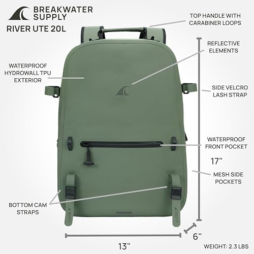 Breakwater Supply™ River Ute Waterproof IP68 Fishing Backpack, Floating TPU Submersible Dry Bag with Padded Hip Belt and Airtight Zippers | 20L (River Ute 20L Marsh Green) - color: River Ute 20l Marsh Green