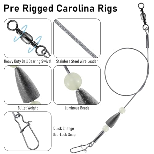 Dr.Fish 15 Pack Carolina Ready Rigs 10'' for Bass Fishing, Freshwater Fishing Wire Leader Line Pre-Rigged Bullet Sinker Swivels - color: Lead Weights, size: 1/4oz-15 Pack