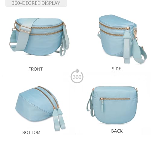 Pure Colour Crossbody Bum Bags for Women Spacious Checkered Cross body Bag Nylon Trendy Fanny Pack for Travel - color: Light Blue