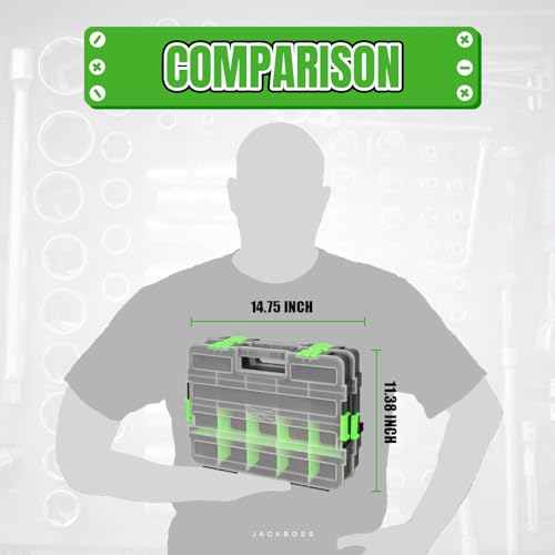 Jack Boss Tool Box with Transparent Lid, Single Side 17-Compartments Organizer Box with Removable Dividers for Hardware, Screws, Bolts, Nails, Beads, Jewelry and Fishing Accessories, Green, 2 Pack - color: Green, size: 2-PCS
