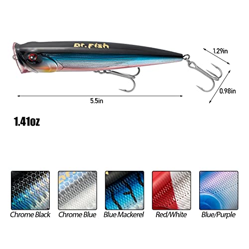 Dr.Fish Popper Saltwater Fishing Lures, 4/5.5 Inches GT Popper VMC Treble Hooks Surf Fishing Lures for Bass Striper Pike Salmon Offshore - color: Chorme Black, Chrome Blue, Blue, Red/White, Blue/Purple,-5 Pack, size: 5.5"