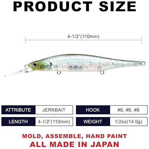 LUCKY CRAFT Lightning Pointer 110DD Deep Diver Freshwater Bass Fishing Lures, Jerkbait Suspending Fishing Lure for Bass & Walleye Fish, Long Casting Fish Gear Accessories for Tackle Box, - color: 272 MS Ghost Minnow