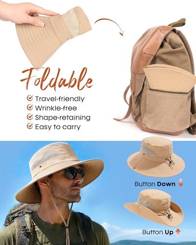 FURTALK Mens Bucket Sun Hat UPF 80+ Wide Brim Hiking Fishing Beach Outdoor Hats - color: Khaki