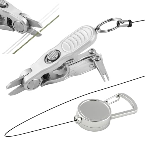 Fishing Line Cutter Tool, Fishing Scissors, Fly Tying Scissors, Multi-Function Folding Angler Accessory with Retractors and Knot Tying Tool, Stainless Steel Blades for Mono and Fluoro Lines