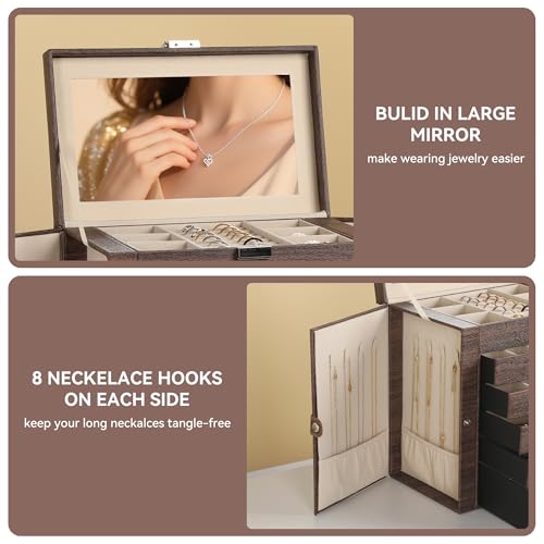 Frebeauty Large Jewelry Box,6-Tier PU Leather Jewelry Organizer,Multi-functional Storage Case with Mirror,Accessories Holder with 5 Drawers for Necklace Bracelets Watches(Tree Brown) - color: Tree Brown, size: Large