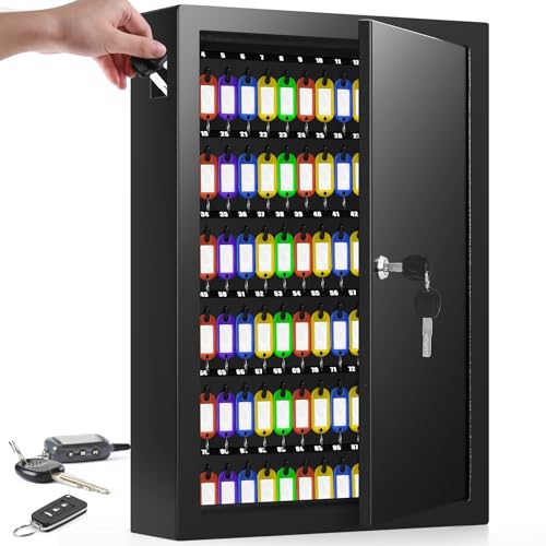 Nebakne 125 Position Key Cabinet Wall Mount with Anti-Theft Deposit Key Slot, Key Box Organizer with Key Hooks & 125 Tags Key Labels, Key Safe for Hotels & Office & Companies & Car Dealerships - color: Black, size: 125 Key Hook