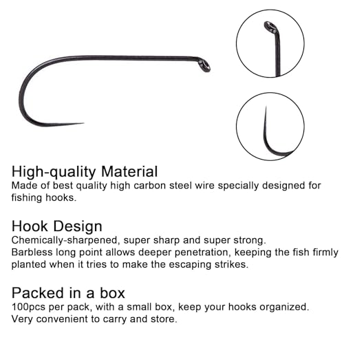 Eupheng Fly Fishing Hooks 100pc Pack Barbless Catch & Release Dry Wet Nymph Shrimp&Pupa, Streamer, Caddis, Jig, Scud Flies Fishing Hooks - color: EP Fly-C&R-WET-0011, size: #16