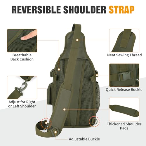 HUNTVP Fishing Sling Bag Lightweight Tackle Bag Small Fishing Backpack Tactical Shoulder Sling Bags with Rod Holder, Storge Gear and Equipment, Gifts for Men (Army Green) - color: Army Green