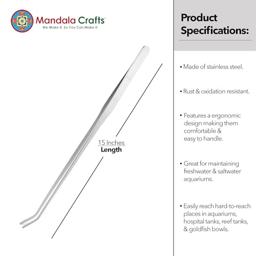 Mandala Crafts Stainless Steel Curved Aquarium Tweezers for Fish Tanks | 15 Inch Forceps, Rust Resistant Stainless Steel, Trimming Aquatic Plants, Bowls, Terrariums, Freshwater & Saltwater Aquascape - color: Stainless Steel Curved Tweezers, size: 15 Inche