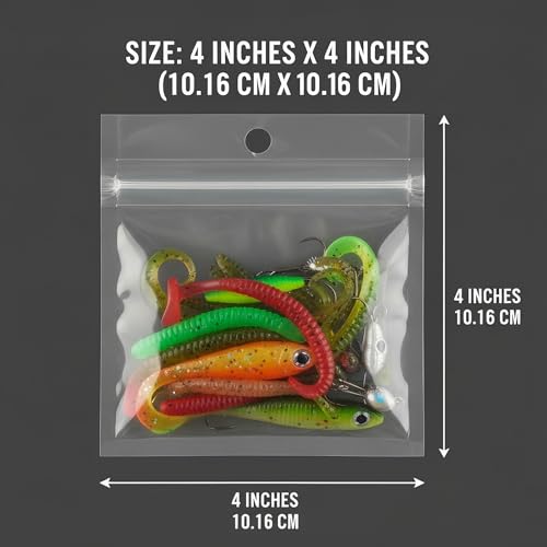 100 Pack Soft Plastic Baits Bags 4”x4" | Heavy-Duty Clear Lock Zipper Lure Packaging Bags - Leakproof Double-Sealed Zipper Storage for Soft Plastic Lures & Fishing Gear | Multiple Sizes - size: 4” x 4"