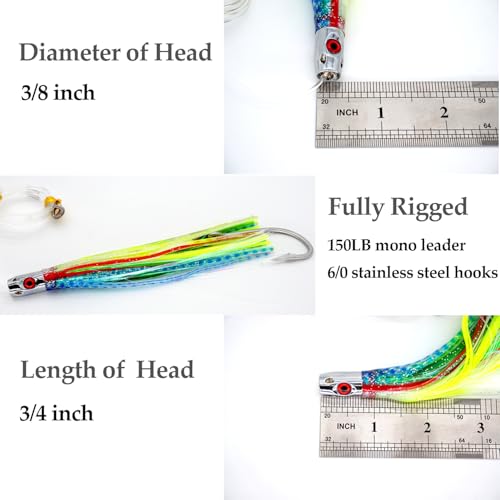 Trolling Tuna Lures Fishing Saltwater Lures Set of 6 Colors 6.5 Inch with Fully Rigged Teasers Squid,Bullet Head Offshore Jet Head Metal for Dolphin Wahoo