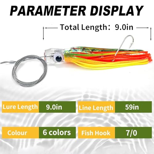 YOTO Trolling Lure Saltwater,6.5/9 inch 6 pcs Squid Skirted Deep Sea Fishing Lure kit,Tuna,Marlin,Wahoo,Shark,Mahi Trolling Fishing Lures - color: 9in - 6pcs