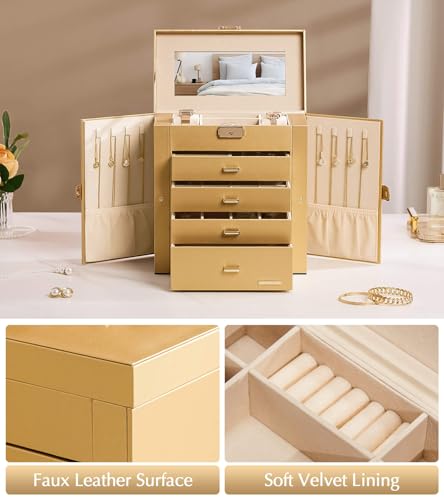 Homde Synthetic Leather Huge Jewelry Box Mirrored Watch Organizer Necklace Ring Earring Storage Lockable Gift Case (Gold) - color: Gold