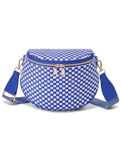 Trendy Woven Checkered Crossbody Bum Bag for Women，PU Leather Checkered Purse Fanny Packs Belt Bag (Woven Bum Bag - Rainbow Blue White) - color: Woven Bum Bag - Rainbow Blue White