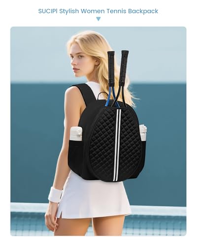 Sucipi Tennis Bag, Quilted Tennis Sling Crossbody Backpack, Water Resistant Tennis Racket Bags for Women Men, Suitable for Pickleball Tennis Badminton - color: Black, size: Large