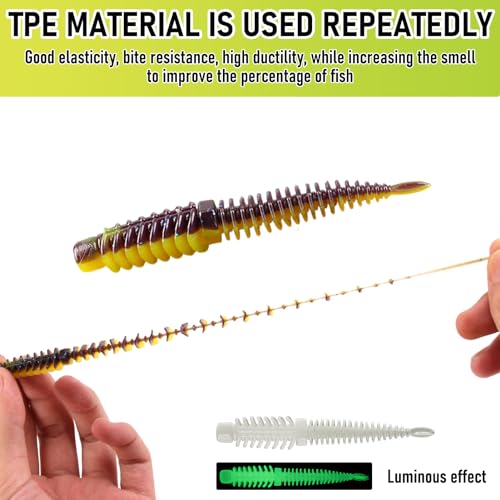 25 Pcs Finesse Worms for Bass, 3.14" Shaky Head Worm Lures, Soft TPE Bionic Baits Flexible Split Rig for Drop Fishing, Coral Reef Freshwater Species (5 Colors)