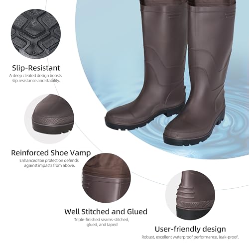 Upgraded 210D Nylon Chest Waders with Boots - Waterproof PVC Fishing & Hunting Waders for Men, Breathable Wading Gear - color: Brown