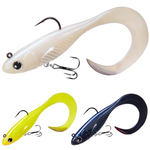TRUSCEND Duramax TPE Soft Fishing Lures with BKK Hooks, Easy Catch Curly & T-Tail for Trembly Sinking & Vibrating Swim, UV or Glow Effect for All Conditions, Pre-rigged Swimbait for Bass Trout Crappie - color: A4-6'',1-3/4oz