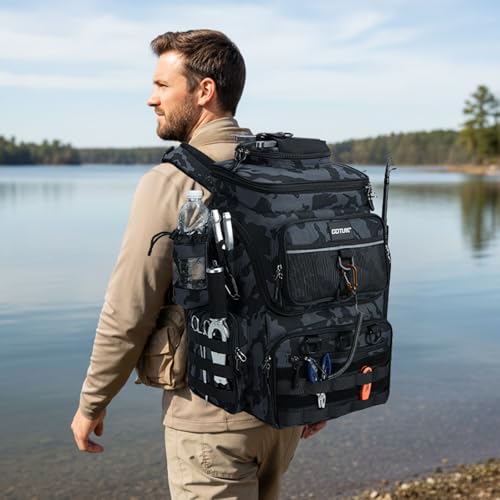 Goture Fishing Backpack, 900D Water-Resistant Tackle Bag with Rod Holders, Insulated Cooler Compartment, 55L Large Capacity Fishing Gear Storage for Saltwater&Freshwater Camping Hiking,Gifts for Men - color: A2:camo(without Tackle Boxes)