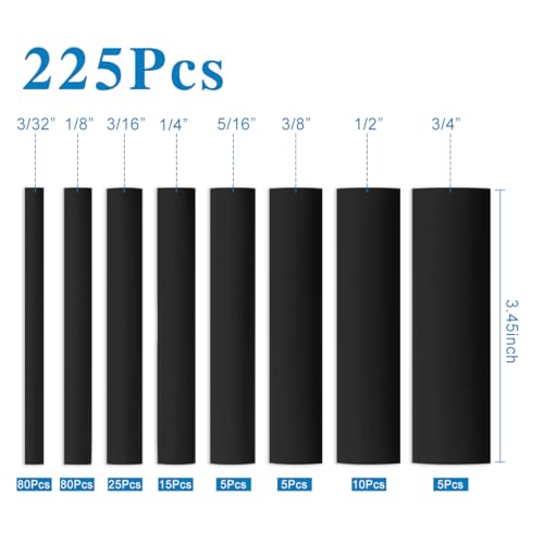XHF UL Listed 225 Pcs Length 3.45" 3:1 Waterproof Heat Shrink Tubing Kit 8 Size Marine Grade Adhesive Lined Heat Shrink Tube, Insulation Sealing Oil-Proof Wear-Resistant Black - color: Black, size: 1(225PCS(3/32"-3/4"))-66.5ft