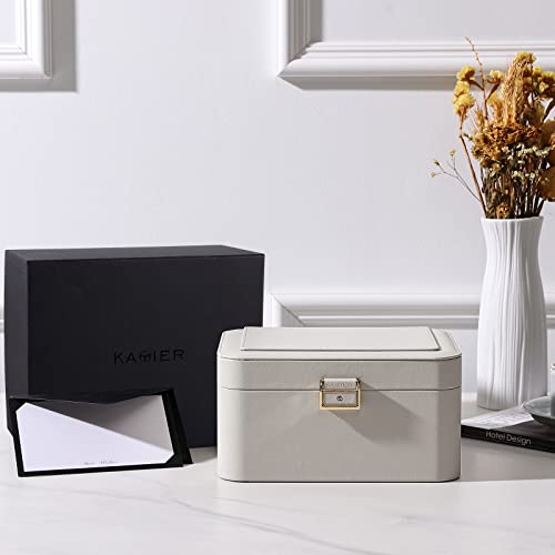 KAMIER Jewelry Box, 2 Layers PU Leather Jewelry Organizer Box, Large Capacity, Double Lock and Large Mirror, Hidden Necklace Hooks, Removable Dividers, Grey - color: Gray, size: mirror