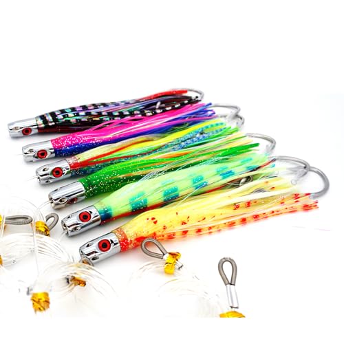 Trolling Tuna Lures Fishing Saltwater Lures Set of 6 Colors 6.5 Inch with Fully Rigged Teasers Squid,Bullet Head Offshore Jet Head Metal for Dolphin Wahoo