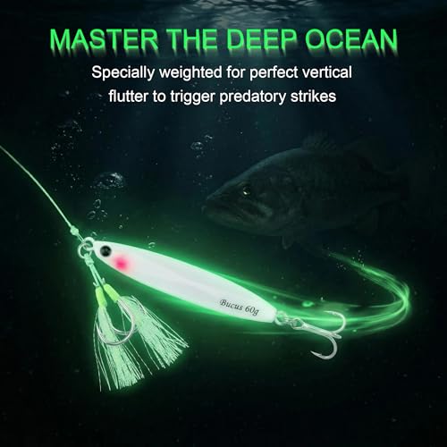 Saltwater Fishing Lures Metal Jigs Vertical Jigging Lure with Treble & Double Assist Hooks, 35-100g 6 pack Laser Glow Spoon Speed Sinking Slow Pitching Jig Offshore Targeting Tuna Mahi-Mahi Yellowtail - size: 60g/2.12oz