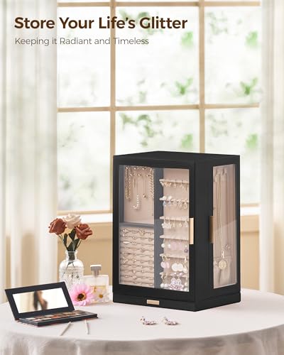 Glimmloop 360° Rotating Jewelry Box with 9 Drawers, Spacious Vertical Jewelry Organizer with Glass Window, Jewelry Storage Case, Dustproof & Moisture-resistant Design, Black - color: Black, size: 9 Drawers (6.2"D x 11"W x 15.1"H)