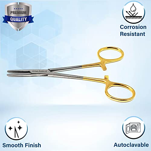 Mosquito Hemostat Locking Forceps 5" Straight with Full Serrated Jaws Ideal for Clamping, Fishing, Firefighters Nurses Doctors + More (Gold Handle) - color: Gold Handle