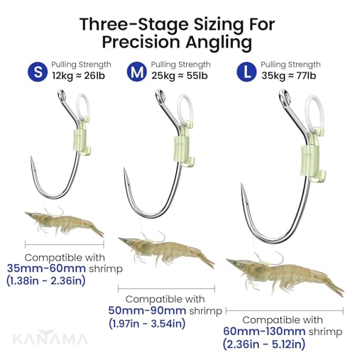 KANAMA Luminous Live Shrimp Hooks - High Carbon Steel Fishing Hooks Saltwater Corrosion Resistant Barbed Strong Hooks Freshwater Shrimp Walker, Ideal for Bass, Groupers, Pike, Catfish & More - size: (S+M+L) ×10