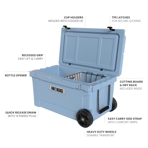 Hogg Rotomolded Coolers, Ice Chest with Wheels, Wheeled Cooler, Rotomolded Ice Chest, Dry Storage, Fishing and Camping Items, Birthday Gifts for Men - color: Clear Sky, size: 65qt
