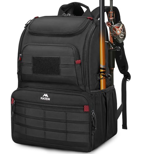 MATEIN Fishing Backpack Tackle Box, Water Resistant Tackle Backpack with Cooler & Rod Holders, Fishing Gifts for Men - color: Black