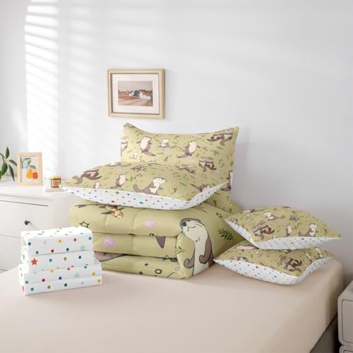 Erosebridal Lap Otter Comforter Set with Sheets Twin Size Shell 7-Piece Bedding Set for Kids Boys Girls Sea Otters Koi Fish Cute Cartoon Starry Beige Brown Lightweight Bed in A Bag - color: Beige Brown, size: Twin