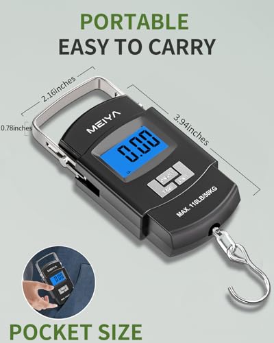 MEIYA Fish Scale 110lb/50kg Digital Fishing Scale with Backlit LCD, Portable Handle, Stainless Steel Hook & 2 AAA Batteries – Reliable Fishing Gear & Great Fishing Gifts for Men - color: Black