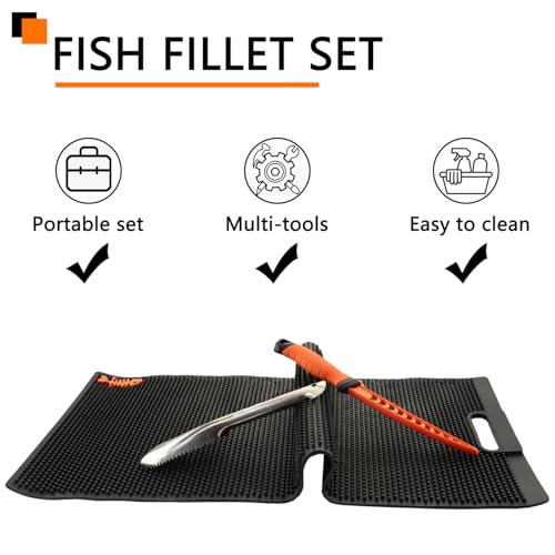 32 Inch Non Slip Fish Fillet Mat Heavy Duty Rollable Fish Bait Cutting Board Large Size Fish Cleaning Mat with 7 inch Fillet Knife and Fish Scaler Portable Fish Fillet Mat