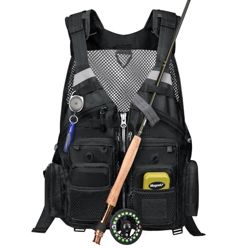 Gonex Fly Fishing Vest for Men Women, Comfortable Adjustable Fishing Vest with Multi-Pockets Reflective Stripes - color: Black