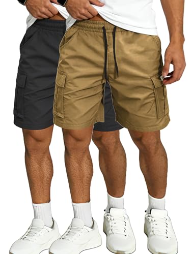 Hidkat Men's Lightweight Cargo Shorts with Drawstring-Breathable,Comfy Casual Outdoor Shorts for Hiking Gym Workout - color: 2 Packs Black+brown, size: XX-Large